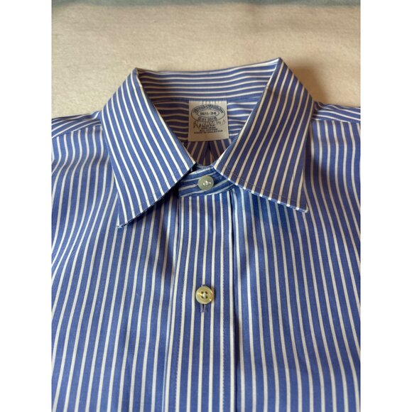 Brooks Brothers Mens Non-Iron Slim Fit Dress Shirt 16.5/34 Blue & White Striped - Picture 2 of 11